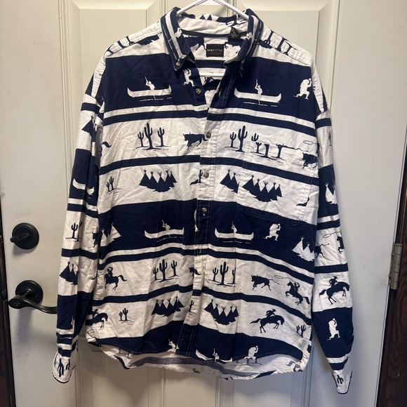 STRUCTURE - Vintage 1990s Blue Western￼ Polo Dad Shirt Mens Size Large - Picture 2 of 14